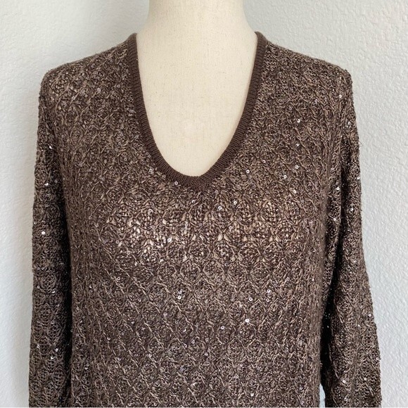 Nicole Alexander Sequin V Neck Lightweight Basket Weave Knit Sweater Brown SZ XL - Picture 2 of 7